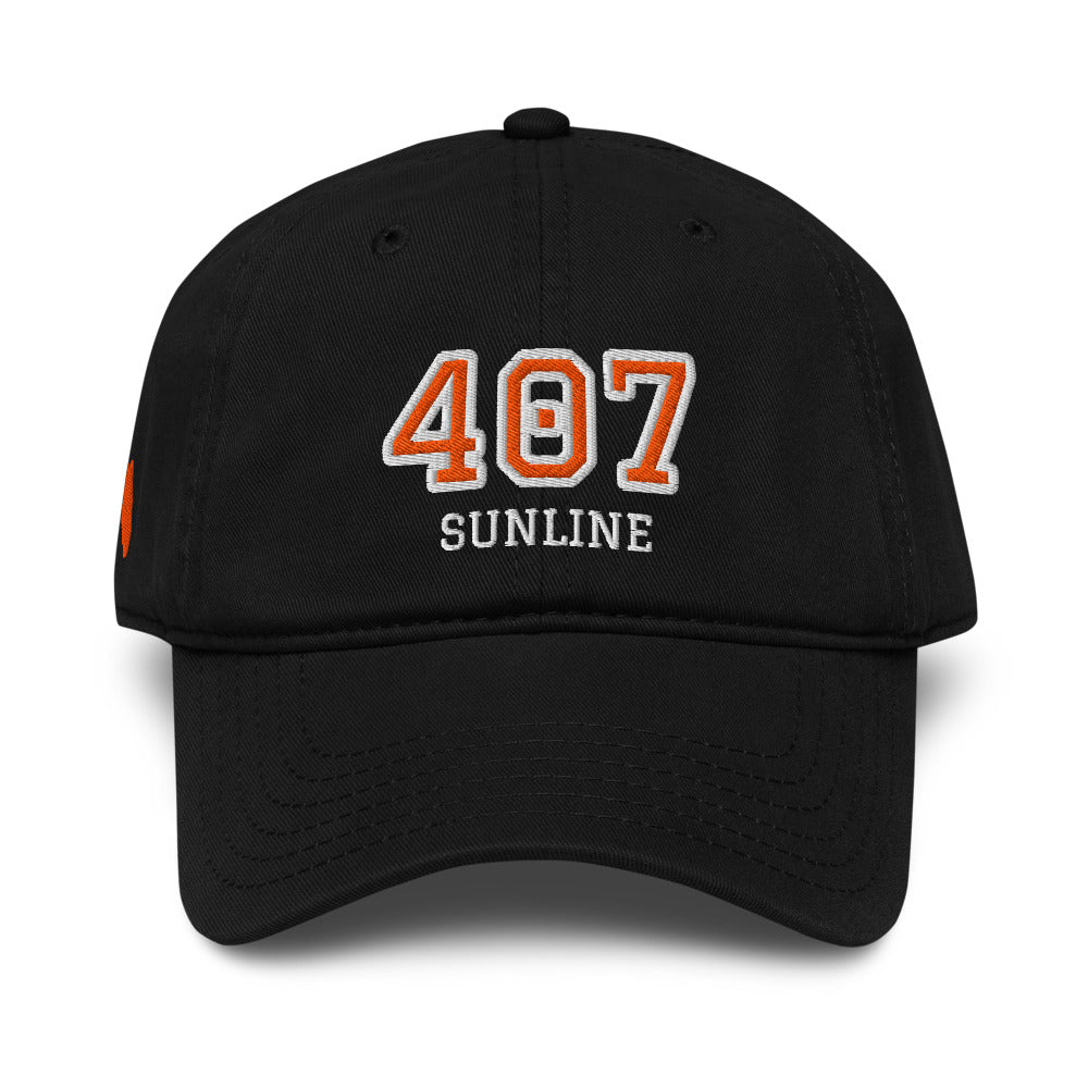 Sunline 407 Collegiate Washed Cap in Black, front view with embroidered 407 Collegiate design