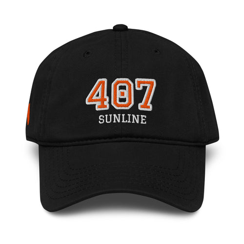 Sunline 407 Collegiate Washed Cap in Black, front view with embroidered 407 Collegiate design