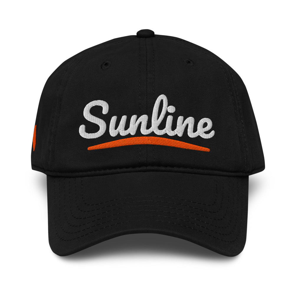 Sunline Sunset Script Washed Cap in Black, front view with embroidered Sunset Script design