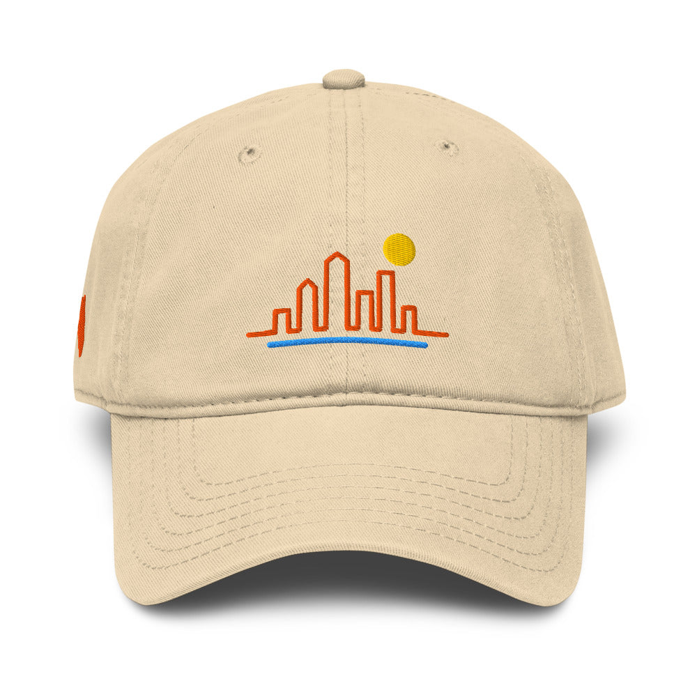 Sunline Orlando Skyline Washed Cap in Khaki, front view with embroidered Orlando Skyline design