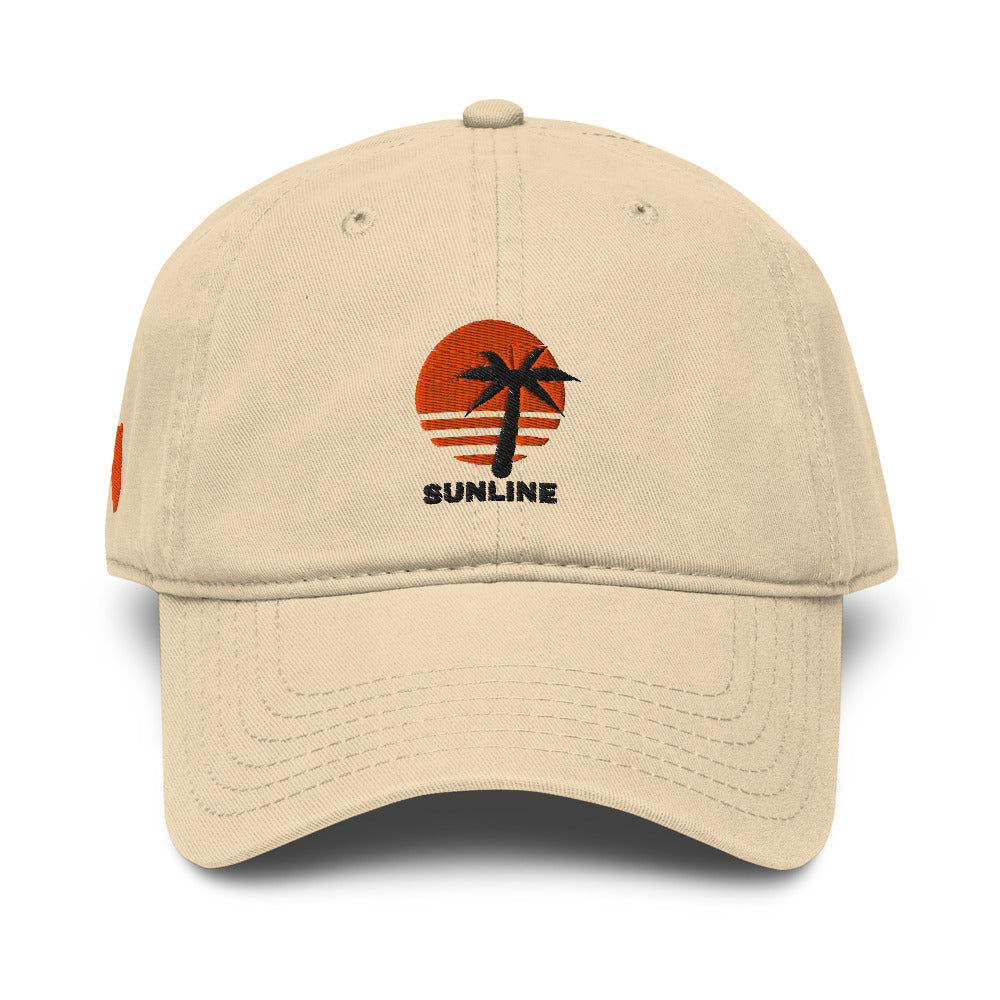 Sunline Palm Sun Washed Cap in Khaki, front view with embroidered Palm Sun design