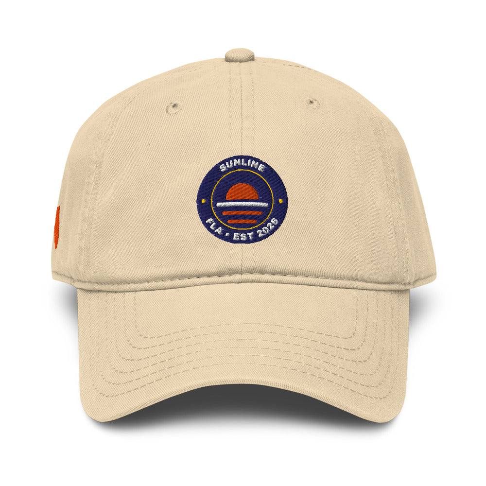 Sunline FLA Badge Washed Cap in Khaki, front view with embroidered FLA Badge design