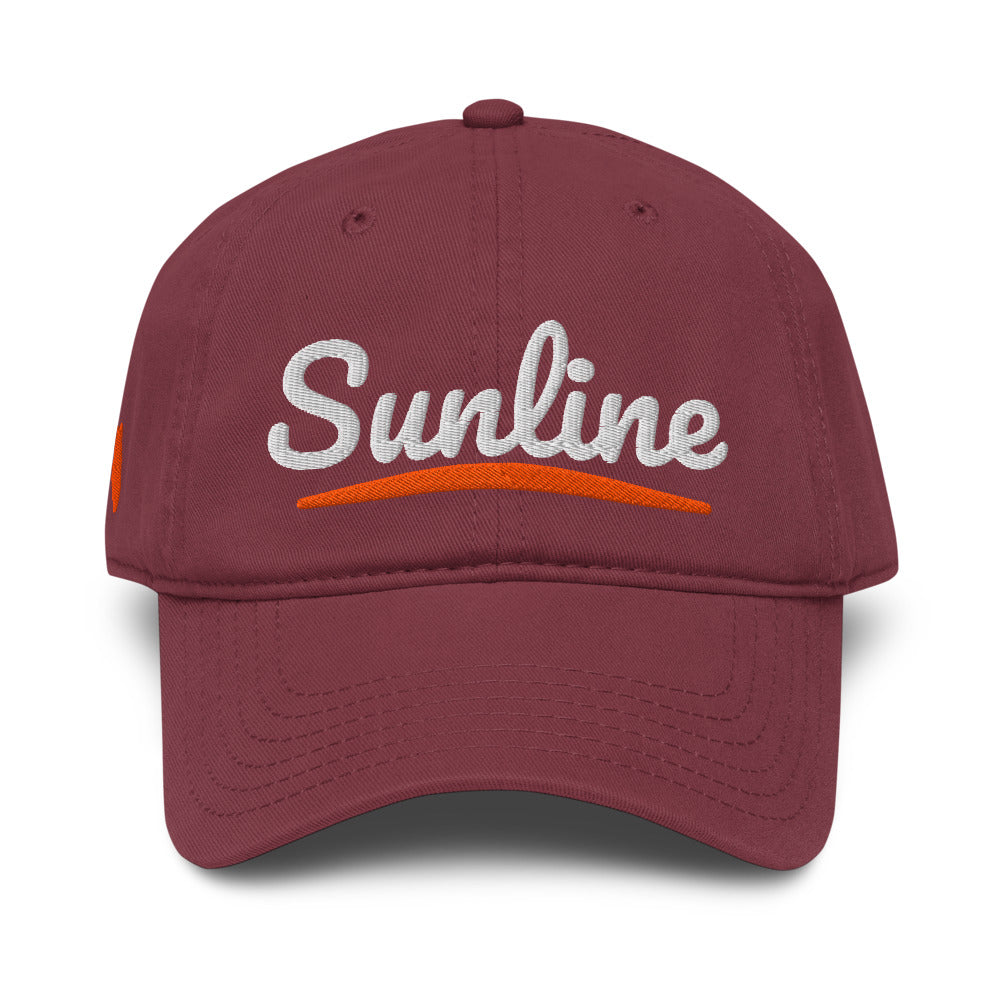 Sunline Sunset Script Washed Cap in Maroon, front view with embroidered Sunset Script design