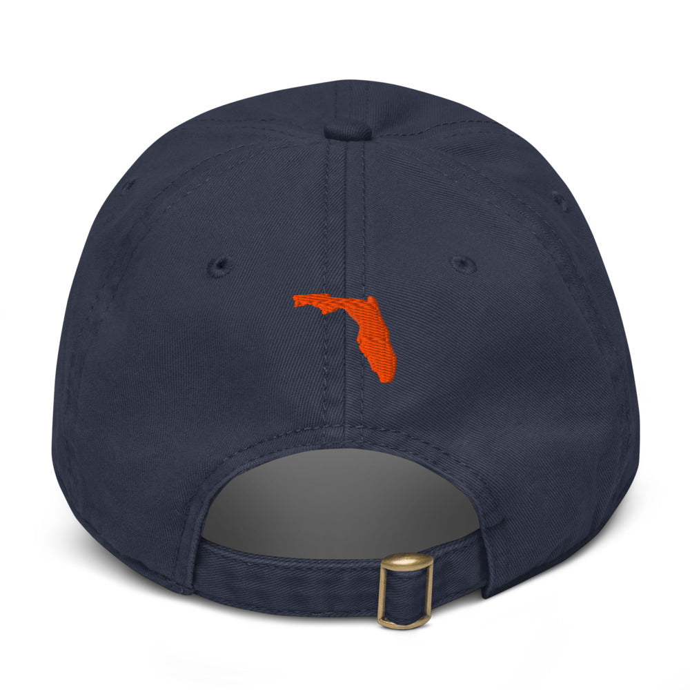 Back view of the Sunline 407 Collegiate Washed Cap in Navy: Florida outline embroidered above the strap