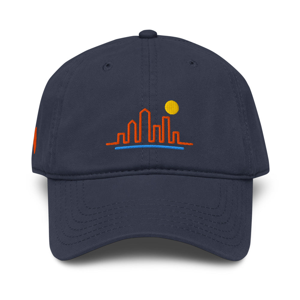 Sunline Orlando Skyline Washed Cap in Navy, front view with embroidered Orlando Skyline design