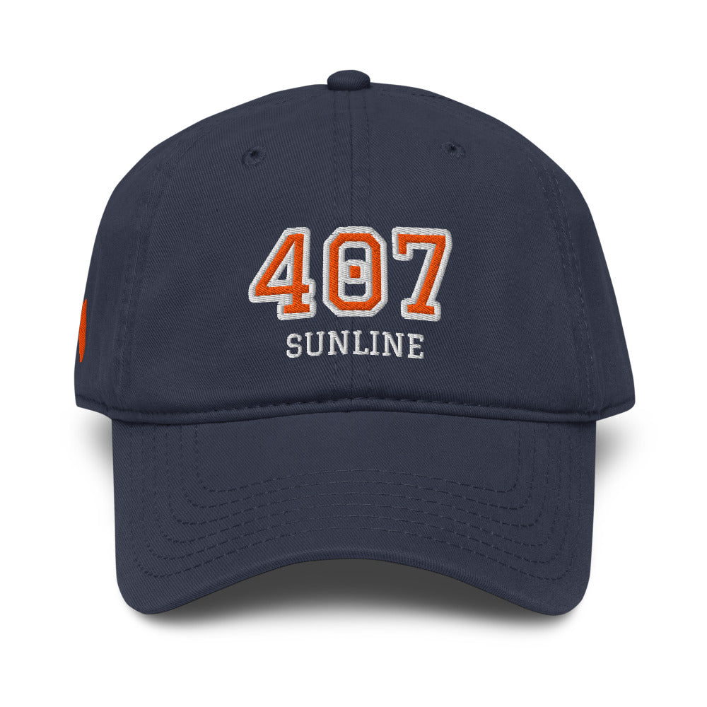 Sunline 407 Collegiate Washed Cap in Navy, front view with embroidered 407 Collegiate design