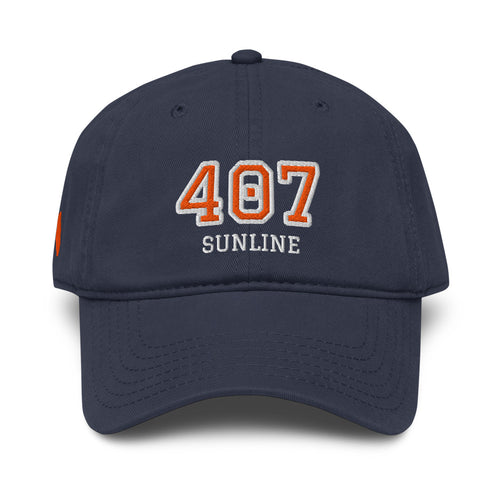 Sunline 407 Collegiate Washed Cap in Navy, front view with embroidered 407 Collegiate design