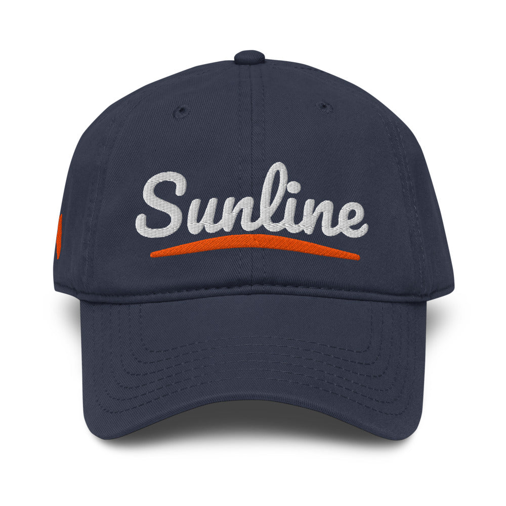 Sunline Sunset Script Washed Cap in Navy, front view with embroidered Sunset Script design