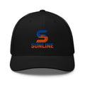 Sunline Trucker Hat in Black, embroidered teal and orange Sunline split-S sun logo, Central Florida streetwear trucker hat
