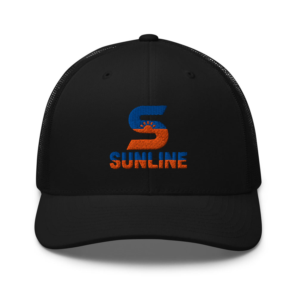 Sunline Trucker Hat in Black, embroidered teal and orange Sunline split-S sun logo, Central Florida streetwear trucker hat
