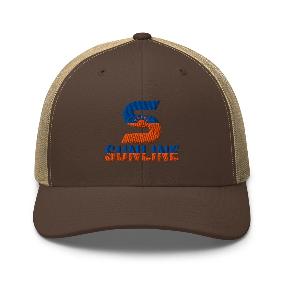 Sunline Retro Trucker – Sunset Pack in Brown/Khaki, embroidered teal and orange Sunline split-S sun logo, Central Florida streetwear trucker hat