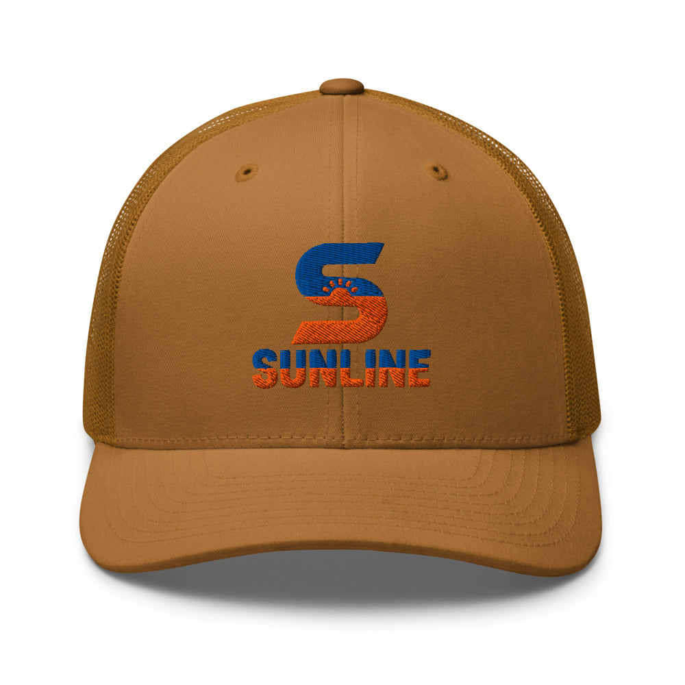 Sunline Retro Trucker – Sunset Pack in Caramel, embroidered teal and orange Sunline split-S sun logo, Central Florida streetwear trucker hat