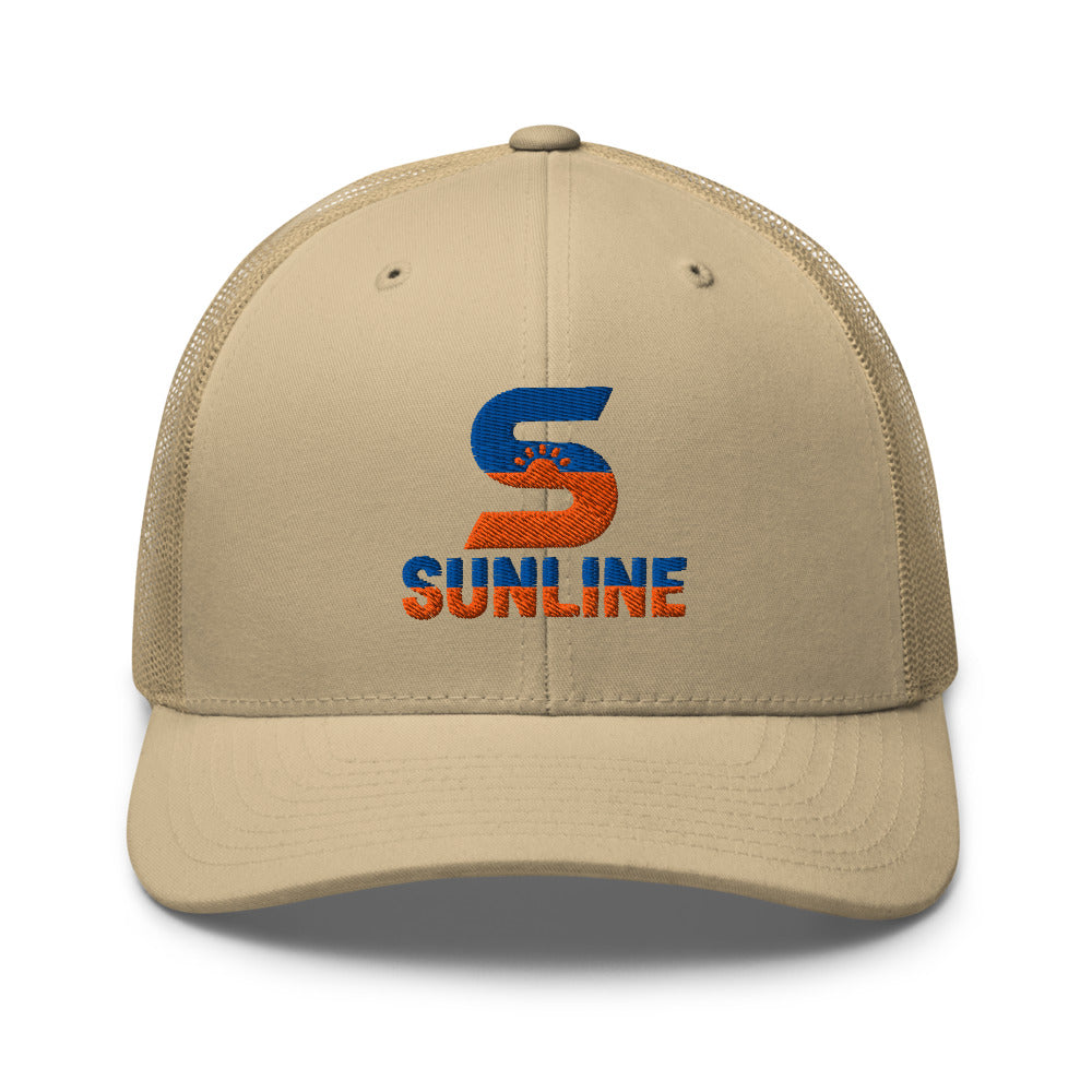 Sunline Trucker Hat in Khaki, embroidered teal and orange Sunline split-S sun logo, Central Florida streetwear trucker hat