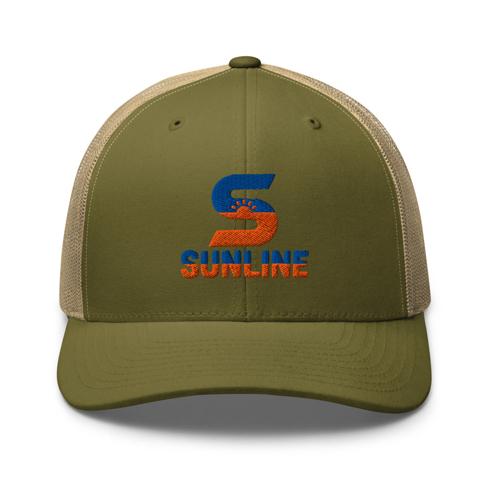 Sunline Retro Trucker – Sunset Pack in Moss/Khaki, embroidered teal and orange Sunline split-S sun logo, Central Florida streetwear trucker hat