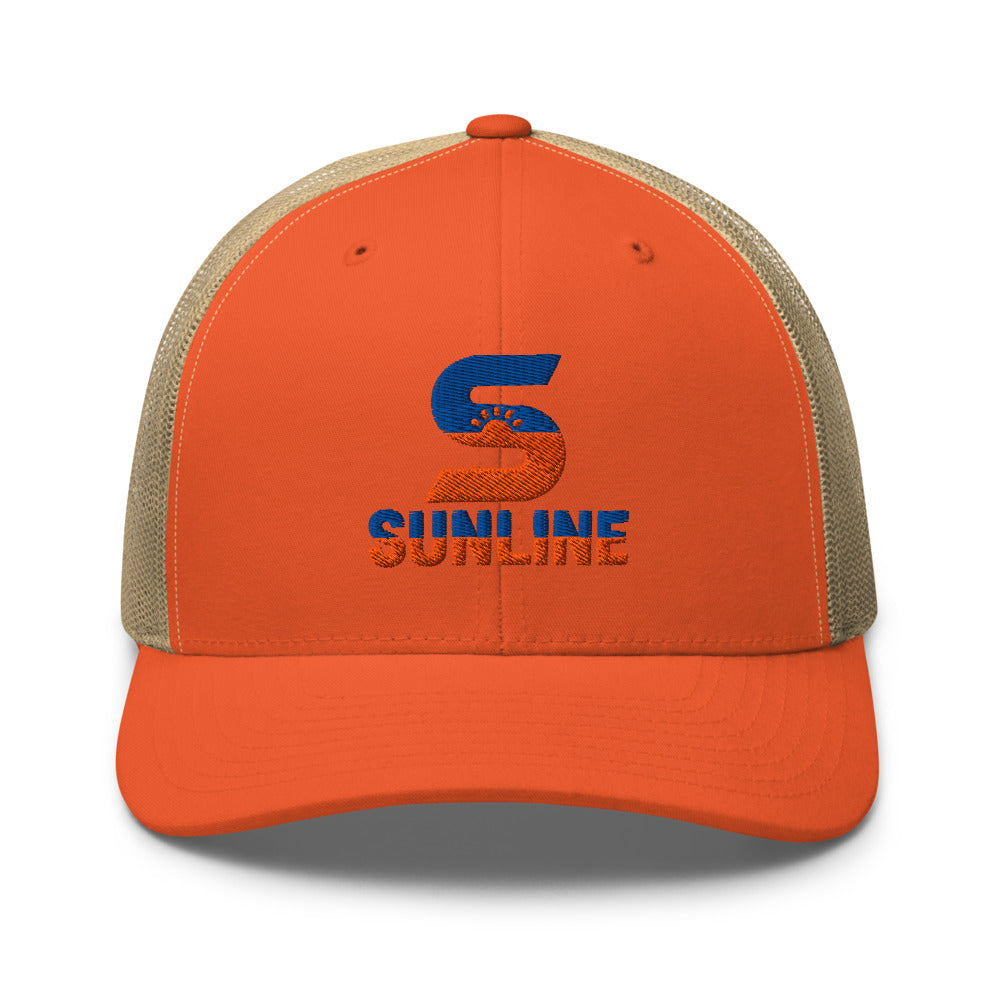 Sunline Retro Trucker – Sunset Pack in Rustic Orange/Khaki, embroidered teal and orange Sunline split-S sun logo, Central Florida streetwear trucker hat
