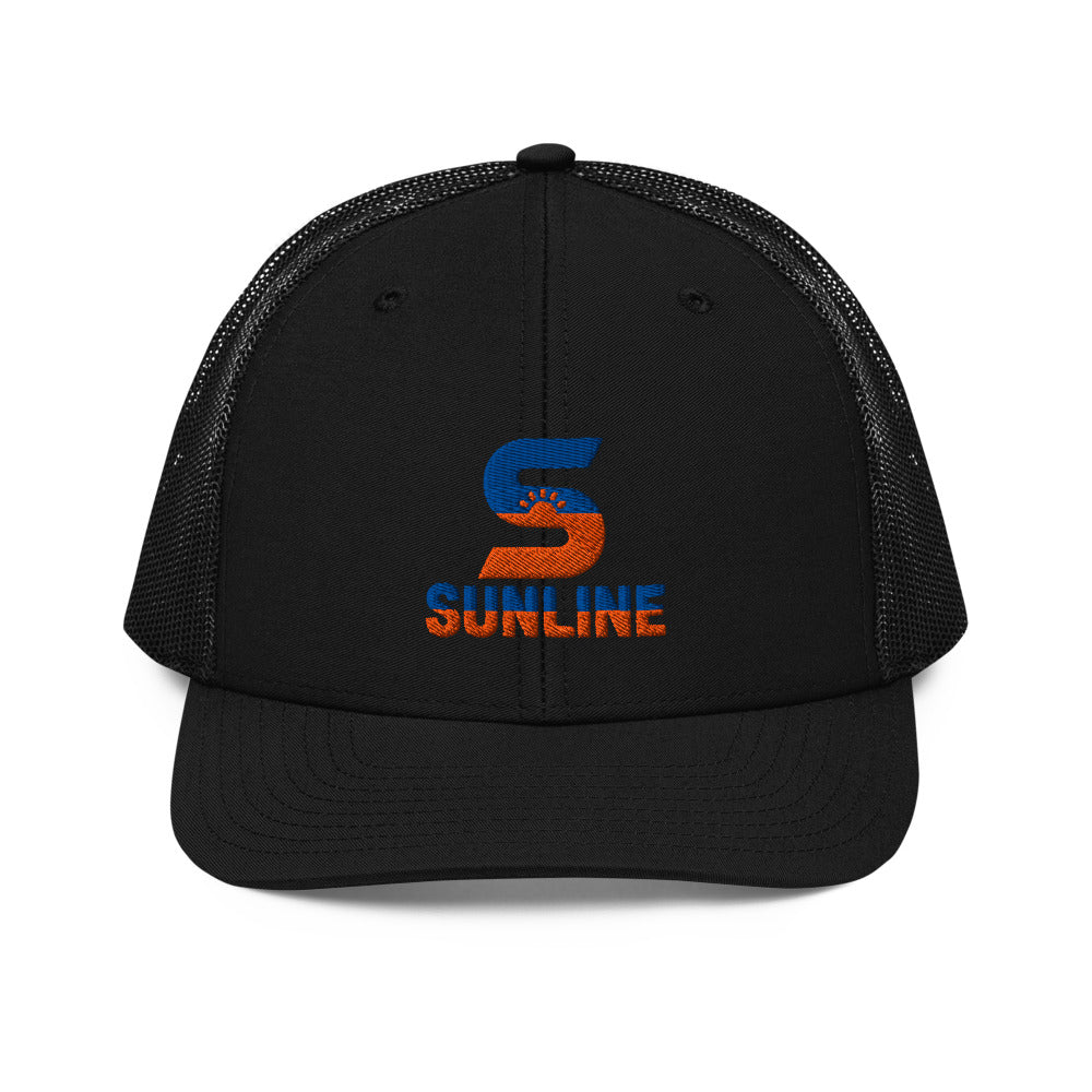 Sunline Richardson 112 Trucker in Black, embroidered teal and orange Sunline split-S sun logo, Central Florida streetwear trucker hat