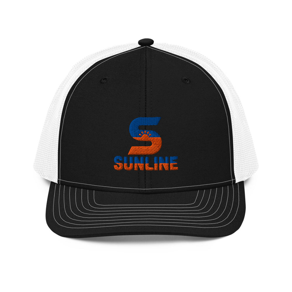 Sunline Richardson 112 Trucker in Black/White, embroidered teal and orange Sunline split-S sun logo, Central Florida streetwear trucker hat