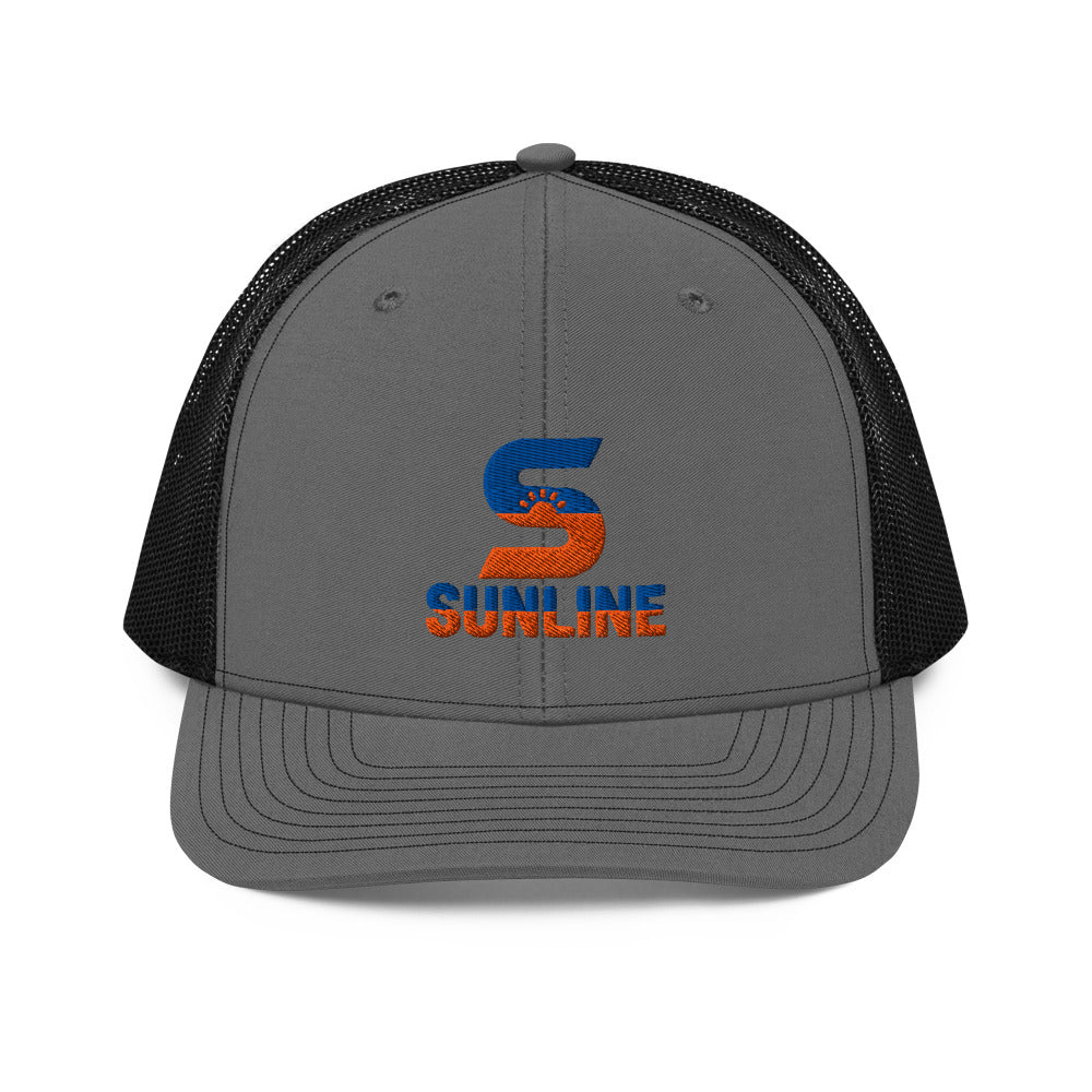 Sunline Richardson 112 Trucker in Charcoal/Black, embroidered teal and orange Sunline split-S sun logo, Central Florida streetwear trucker hat