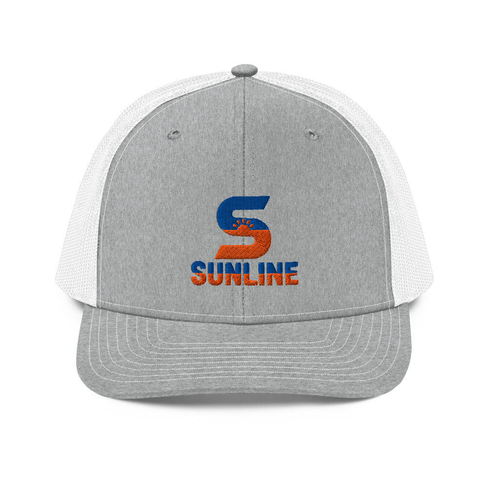 Sunline Richardson 112 Trucker in Heather Grey/White, embroidered teal and orange Sunline split-S sun logo, Central Florida streetwear trucker hat