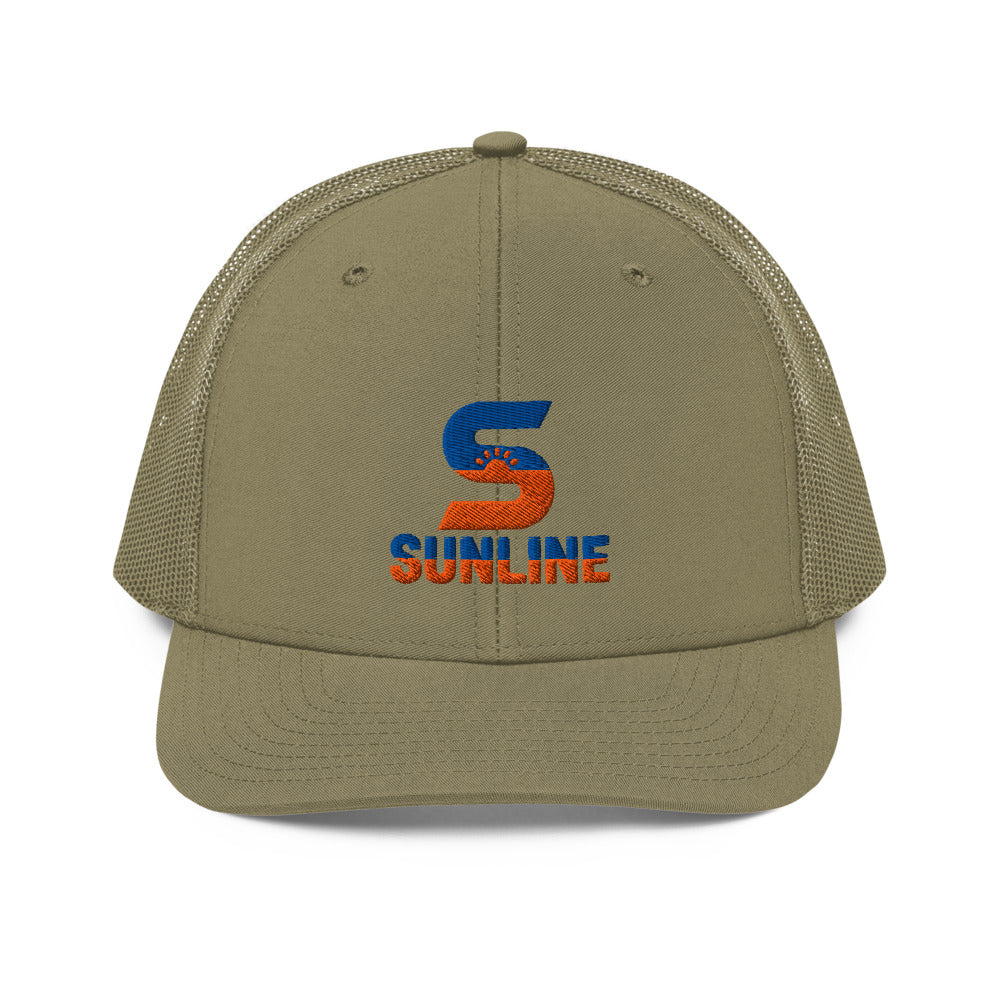 Sunline Richardson 112 Trucker in Loden, embroidered teal and orange Sunline split-S sun logo, Central Florida streetwear trucker hat