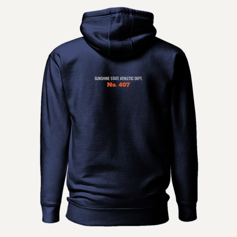 Sunline Varsity Arch Hoodie in Navy, back view, Sunline Central Florida streetwear hoodie