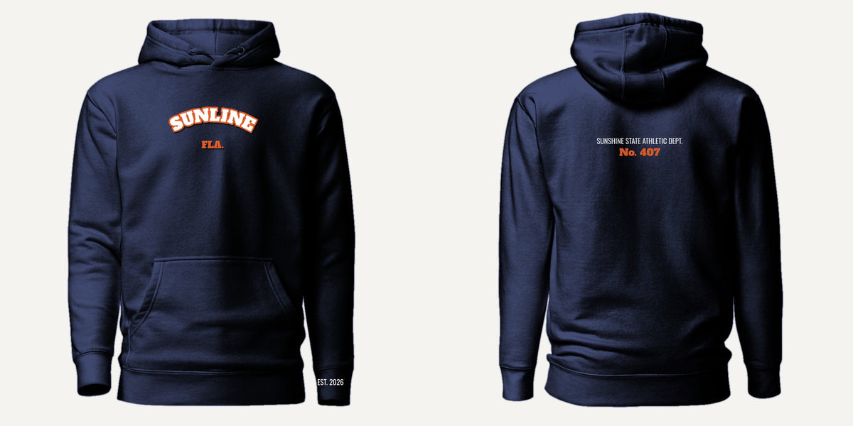 Sunline Varsity Arch Hoodie in Navy, front and back view, Sunline Central Florida streetwear hoodie