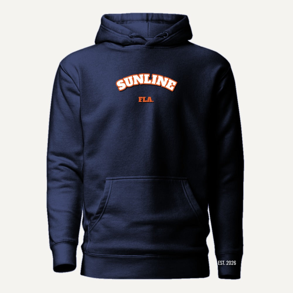 Sunline Varsity Arch Hoodie in Navy, front view, Sunline Central Florida streetwear hoodie