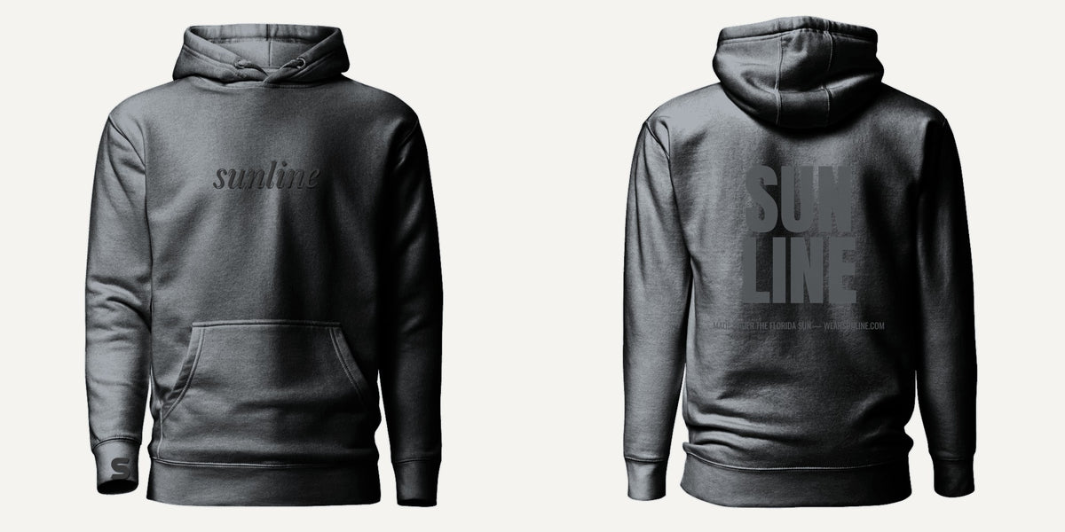 Sunline Tonal Minimal Hoodie in Carbon Grey, front and back view, Sunline Central Florida streetwear hoodie