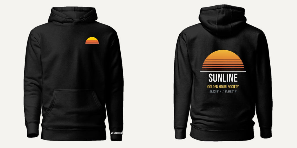 Sunline Golden Hour Society Hoodie in Black, front and back view, Sunline Central Florida streetwear hoodie