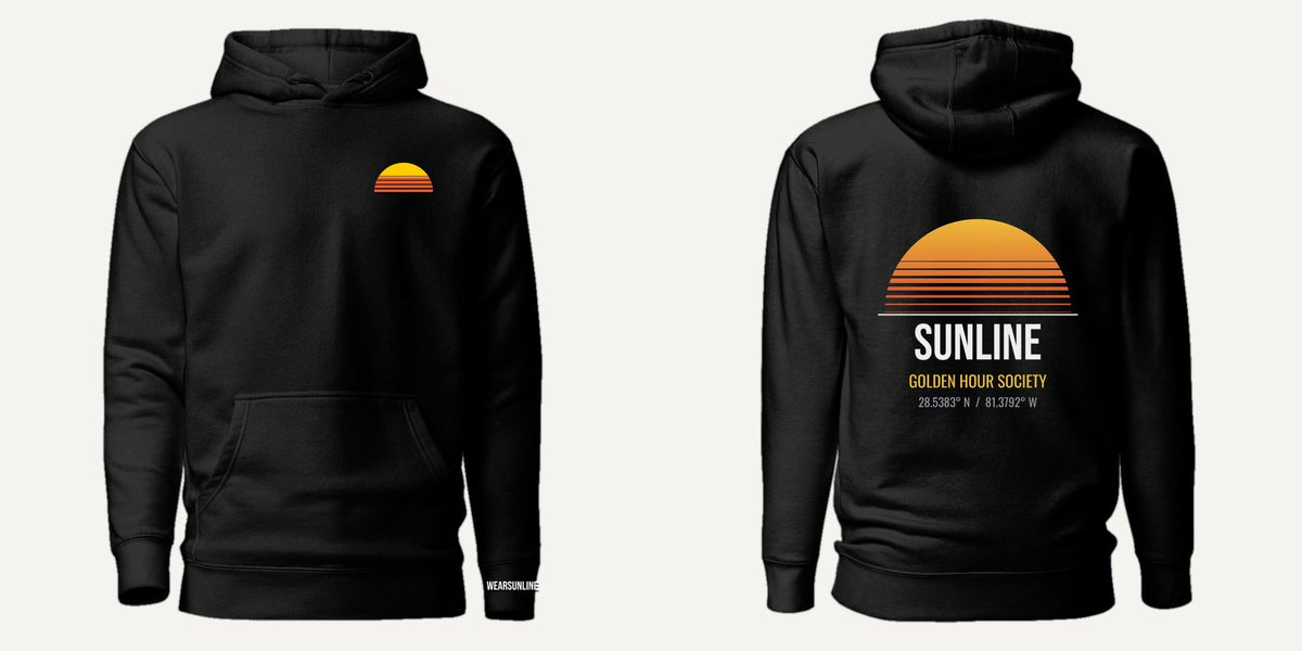 Sunline Golden Hour Society Hoodie in Black, front and back view, Sunline Central Florida streetwear hoodie