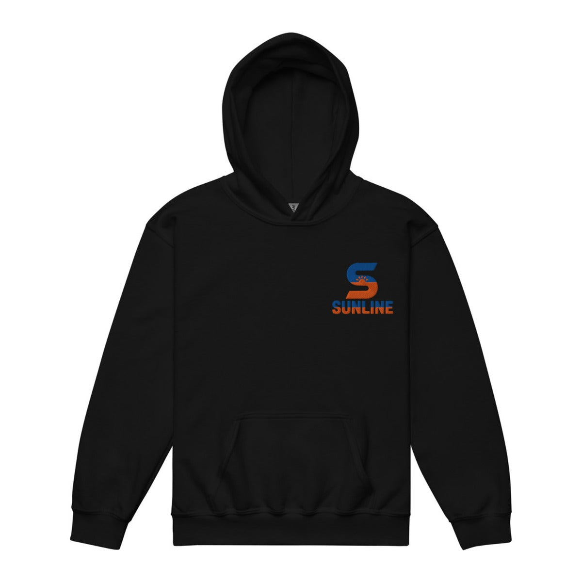 Sunline Youth Hoodie in Black, embroidered teal and orange Sunline split-S sun logo, Central Florida streetwear hoodie