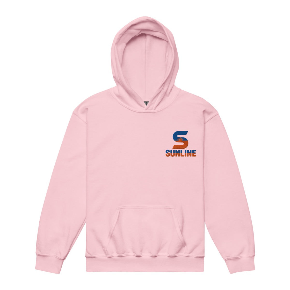 Sunline Youth Hoodie in Light Pink, embroidered teal and orange Sunline split-S sun logo, Central Florida streetwear hoodie