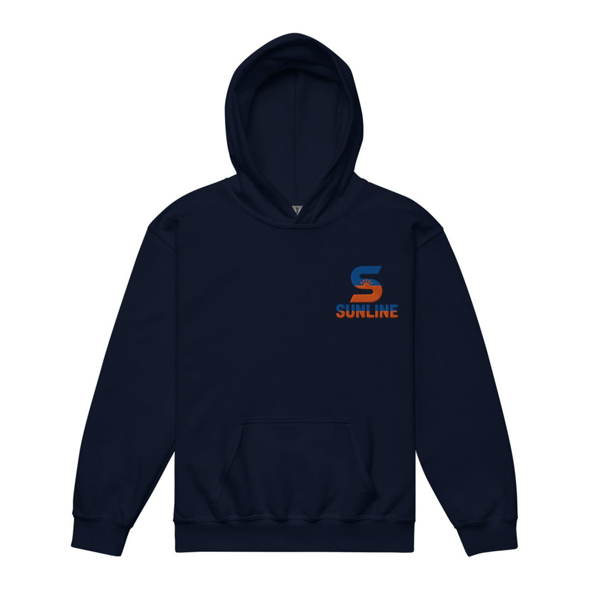 Sunline Youth Hoodie in Navy, embroidered teal and orange Sunline split-S sun logo, Central Florida streetwear hoodie