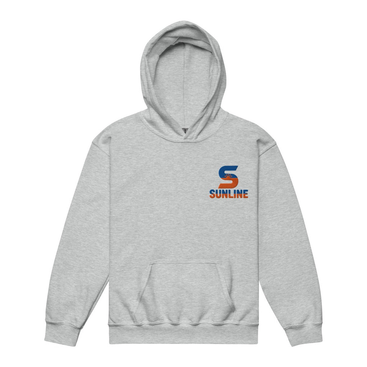 Sunline Youth Hoodie in Sport Grey, embroidered teal and orange Sunline split-S sun logo, Central Florida streetwear hoodie