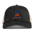 Sunline Sunwashed Trucker in Black/Tan, embroidered teal and orange Sunline split-S sun logo, Central Florida streetwear trucker hat