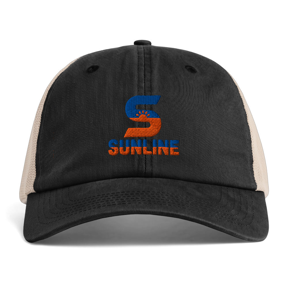 Sunline Sunwashed Trucker in Black/Tan, embroidered teal and orange Sunline split-S sun logo, Central Florida streetwear trucker hat