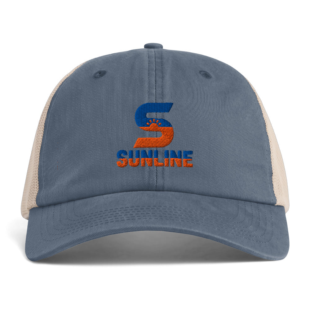 Sunline Sunwashed Trucker in Denim/Tan, embroidered teal and orange Sunline split-S sun logo, Central Florida streetwear trucker hat