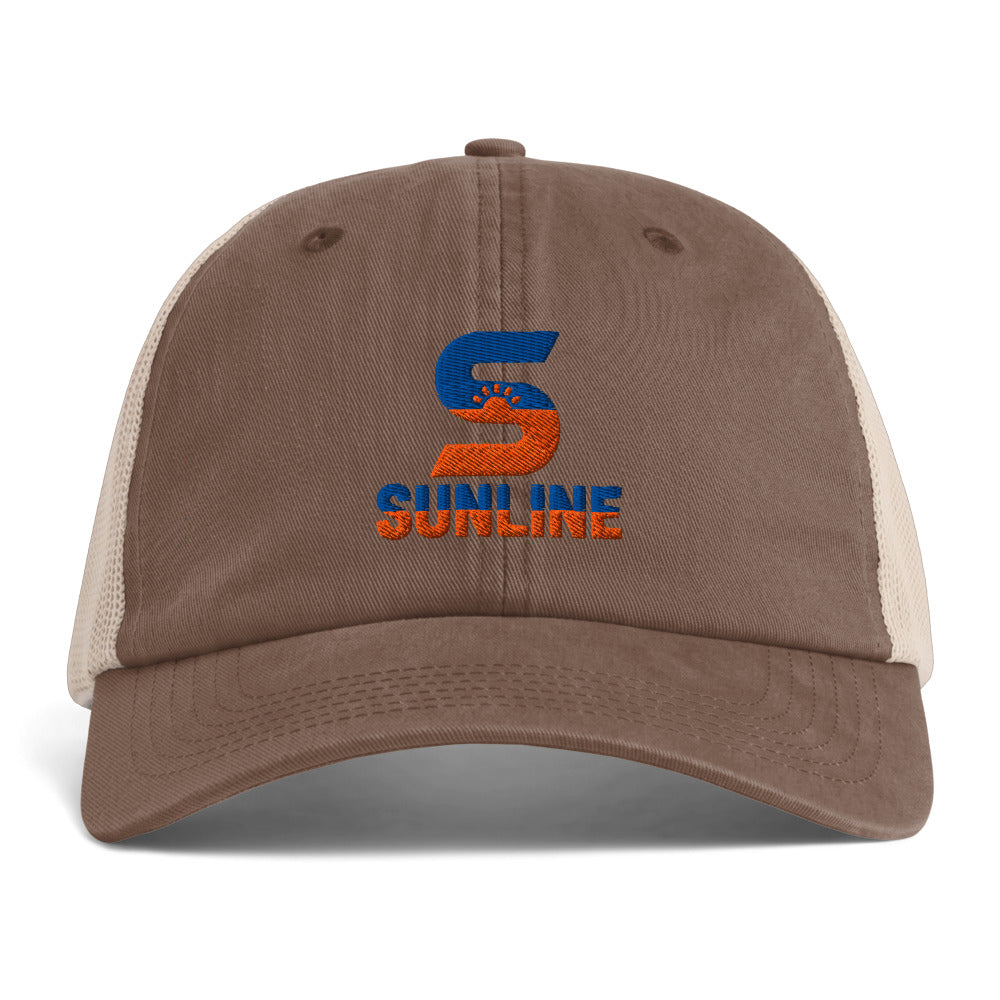 Sunline Sunwashed Trucker in Espresso/Tan, embroidered teal and orange Sunline split-S sun logo, Central Florida streetwear trucker hat