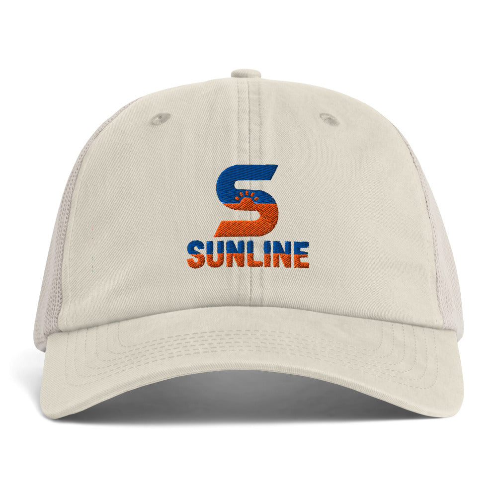 Sunline Sunwashed Trucker in Ivory/Ivory, embroidered teal and orange Sunline split-S sun logo, Central Florida streetwear trucker hat