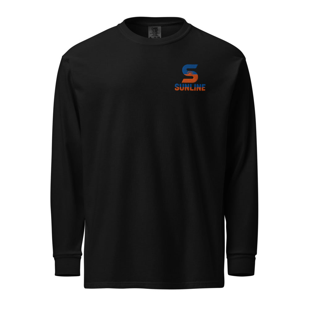 Sunline Heavyweight Long Sleeve Tee in Black, embroidered teal and orange Sunline split-S sun logo, Central Florida streetwear long sleeve tee