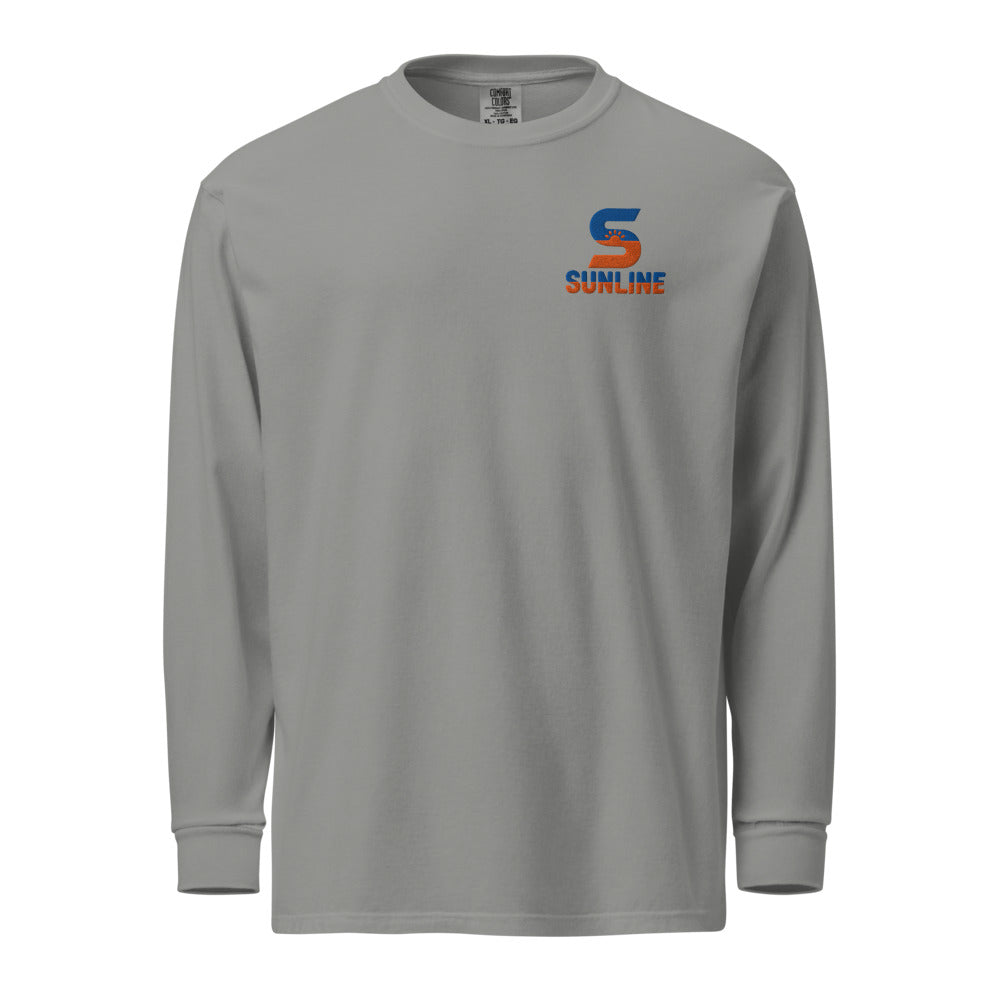 Sunline Heavyweight Long Sleeve Tee in Grey, embroidered teal and orange Sunline split-S sun logo, Central Florida streetwear long sleeve tee