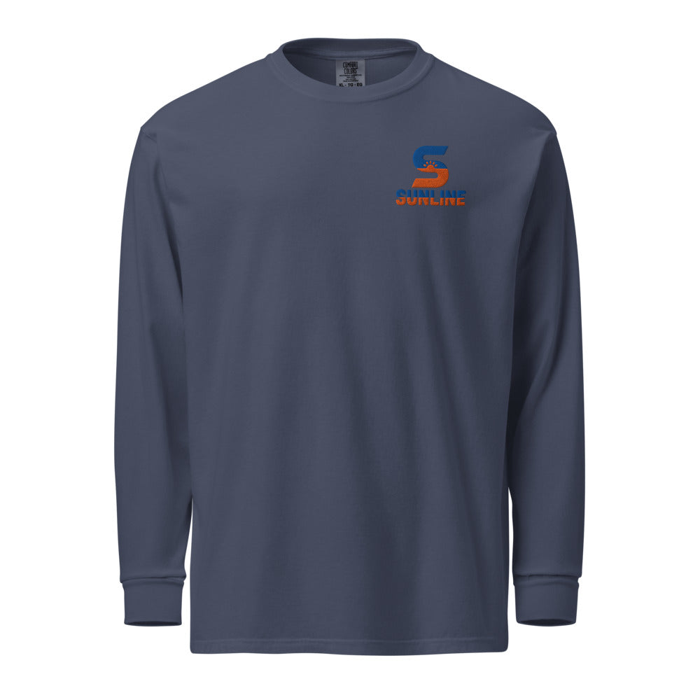 Sunline Heavyweight Long Sleeve Tee in Navy, embroidered teal and orange Sunline split-S sun logo, Central Florida streetwear long sleeve tee