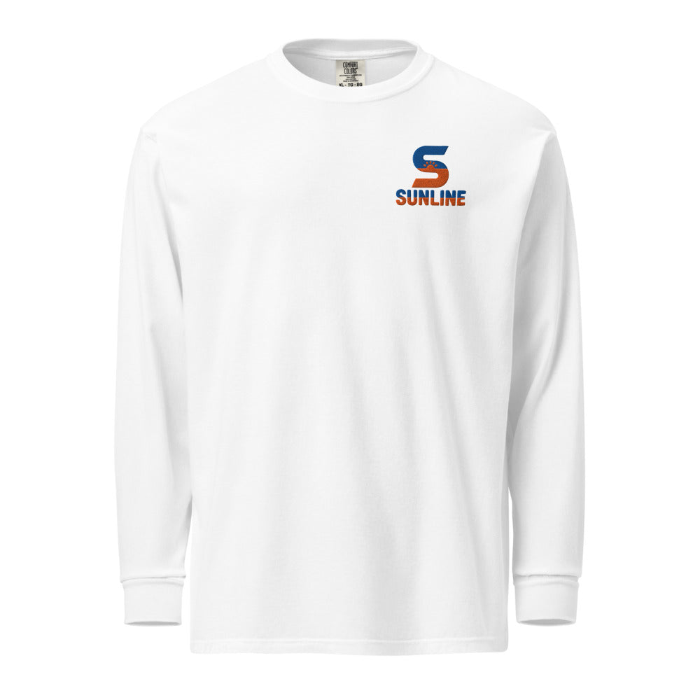 Sunline Heavyweight Long Sleeve Tee in White, embroidered teal and orange Sunline split-S sun logo, Central Florida streetwear long sleeve tee