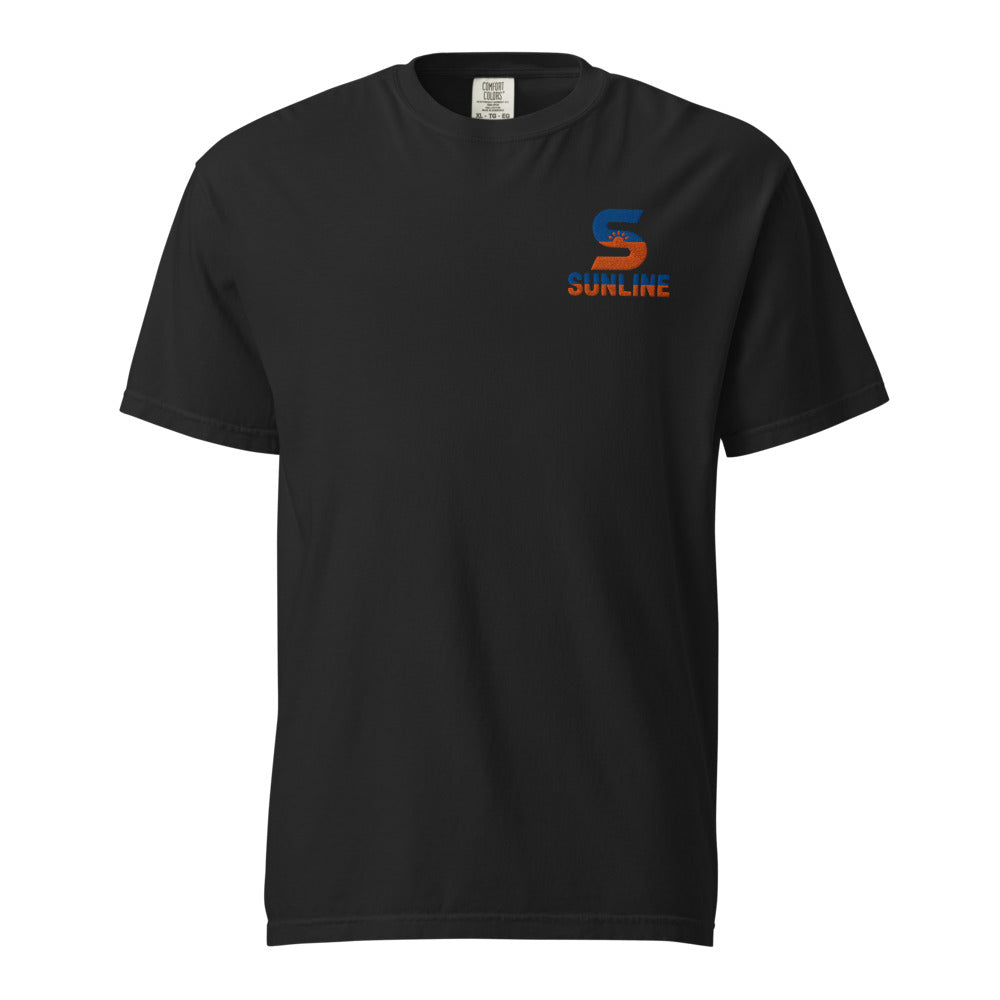 Sunline Heavyweight Tee in Black, embroidered teal and orange Sunline split-S sun logo, Central Florida streetwear t-shirt