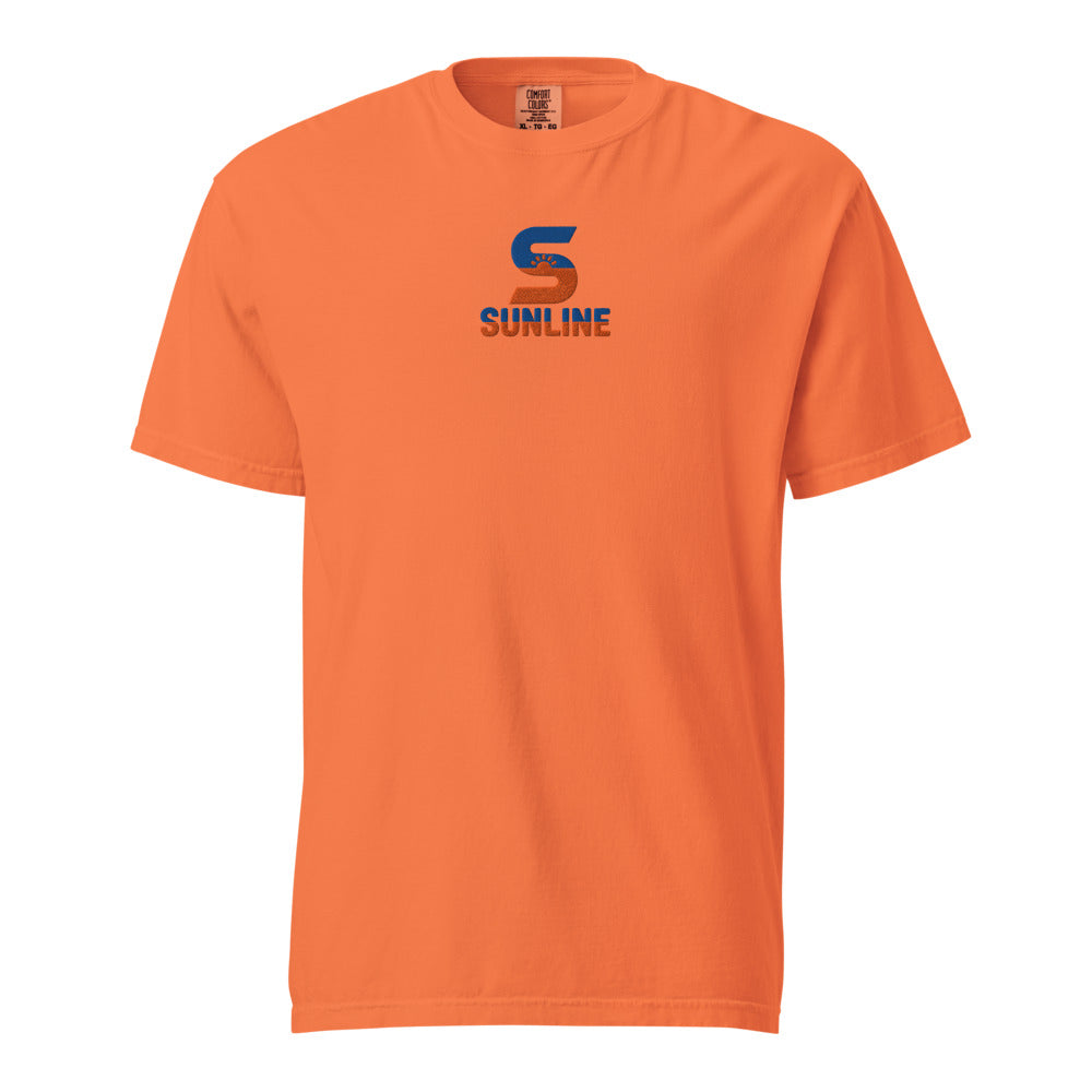 Sunline Center Chest Tee – Florida Colors in Burnt Orange, embroidered teal and orange Sunline split-S sun logo, Central Florida streetwear t-shirt