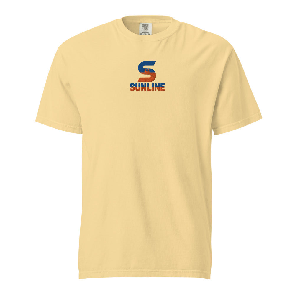 Sunline Center Chest Tee – Florida Colors in Butter, embroidered teal and orange Sunline split-S sun logo, Central Florida streetwear t-shirt
