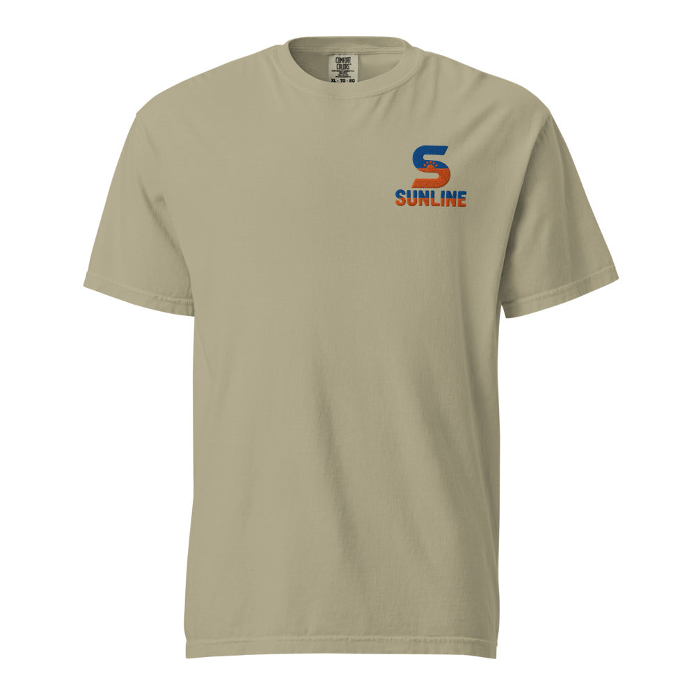 Sunline Heavyweight Tee in Khaki, embroidered teal and orange Sunline split-S sun logo, Central Florida streetwear t-shirt