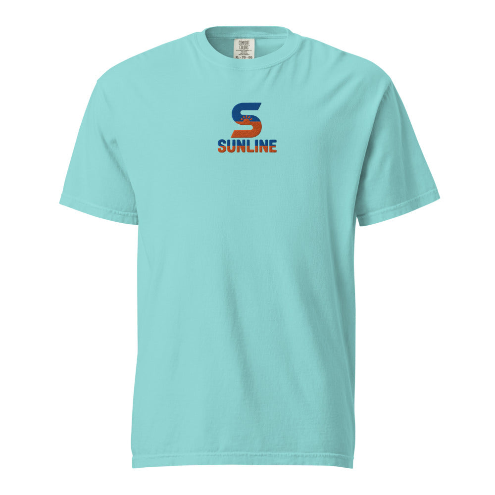 Sunline Center Chest Tee – Florida Colors in Lagoon Blue, embroidered teal and orange Sunline split-S sun logo, Central Florida streetwear t-shirt