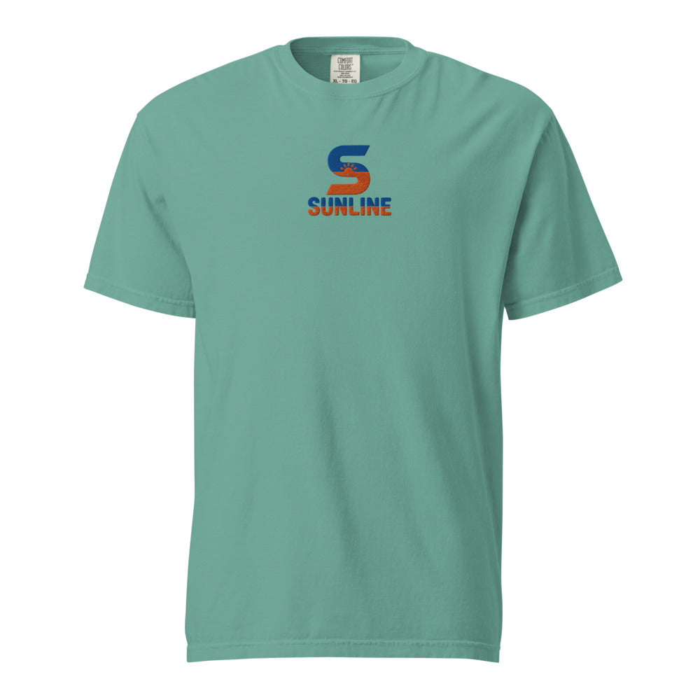 Sunline Center Chest Tee – Florida Colors in Seafoam, embroidered teal and orange Sunline split-S sun logo, Central Florida streetwear t-shirt