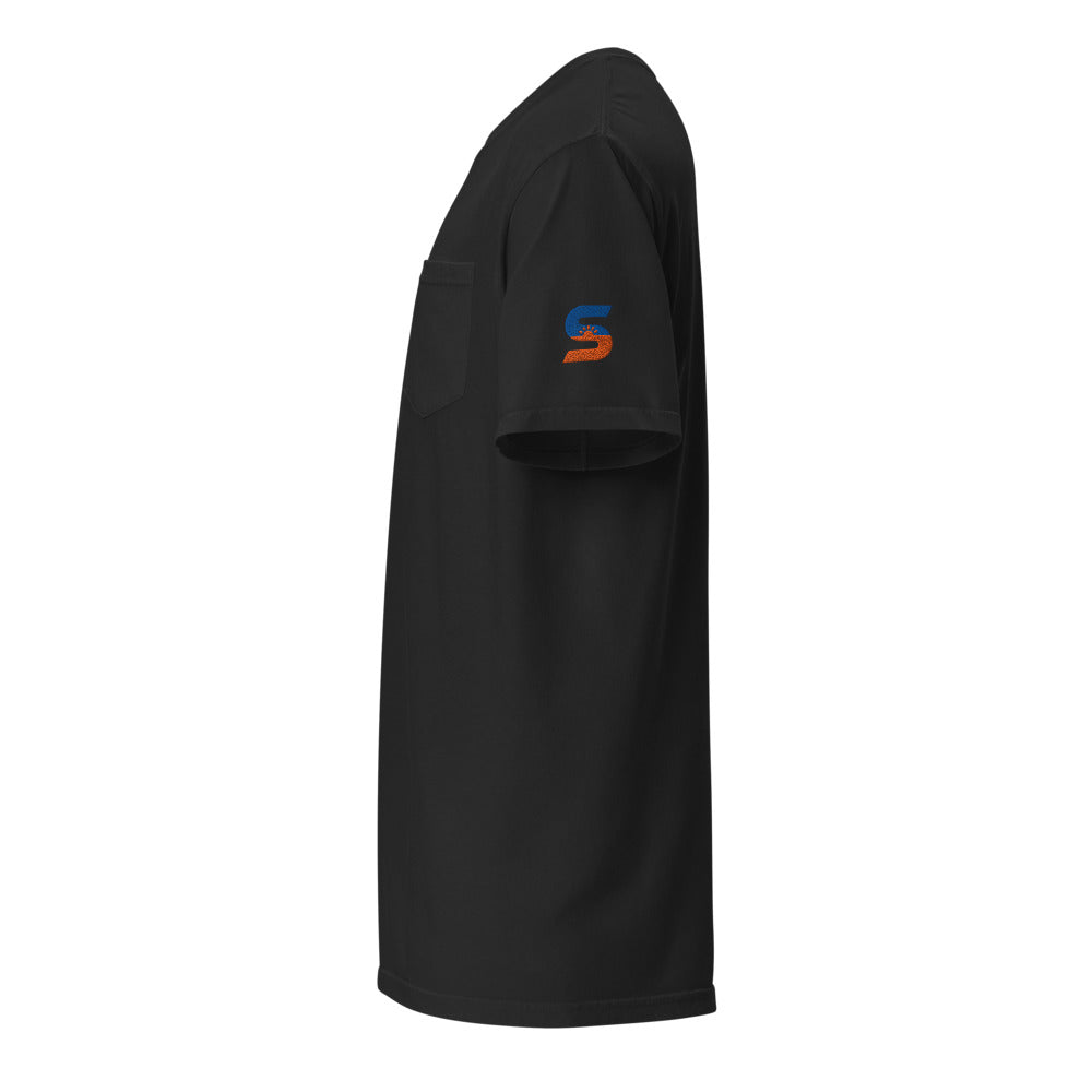 Sunline Sleeve Hit Pocket Tee in Black, embroidered teal and orange Sunline split-S sun logo, Central Florida streetwear t-shirt